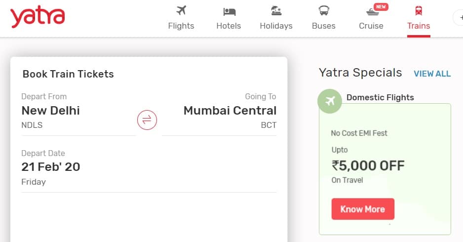 Yatra Train Tickets Booking 
